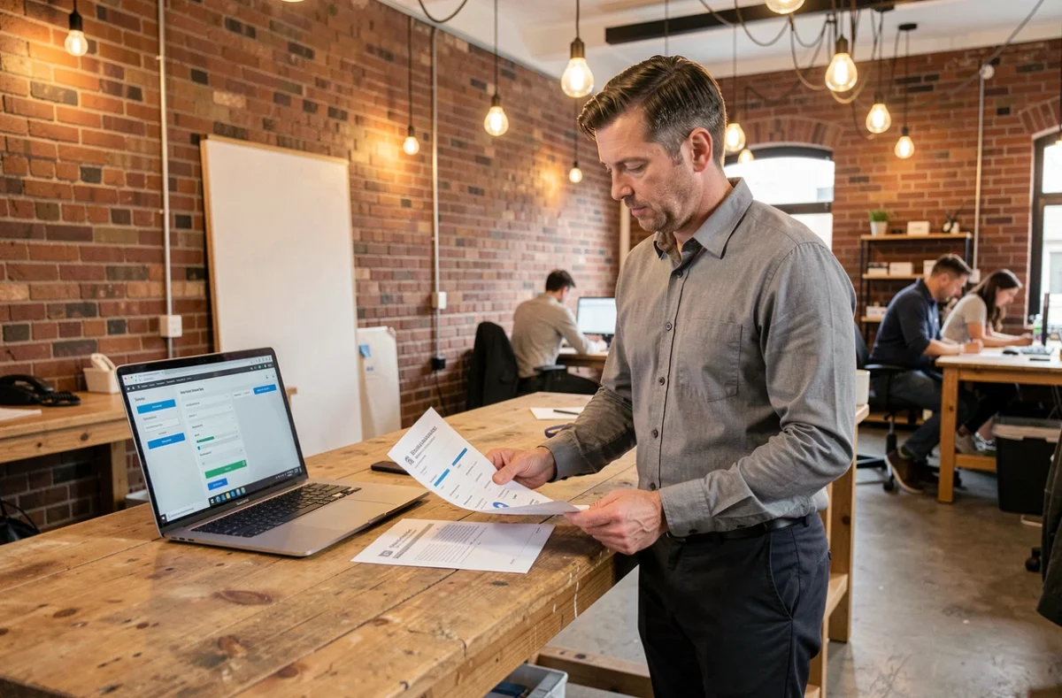 Entrepreneur analysant des fiches d'entreprises imprimées et des données Pappers sur un ordinateur portable dans un espace de coworking