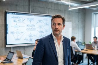 Entrepreneur en blazer marine devant un tableau blanc avec des schémas de disruption industrielle dans un bureau moderne