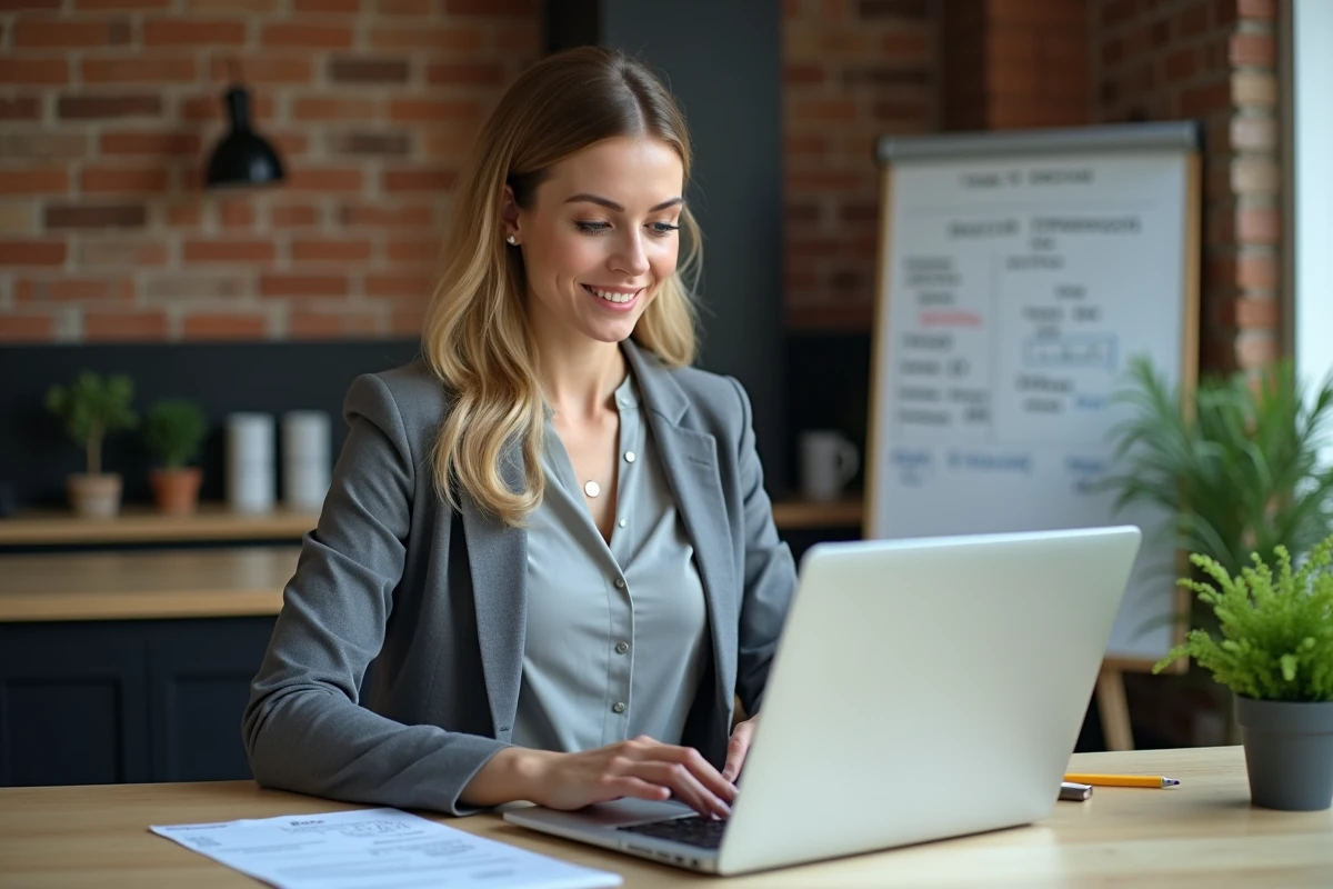 Entrepreneuse du bâtiment gérant sa facturation sur un logiciel de gestion dans un bureau moderne