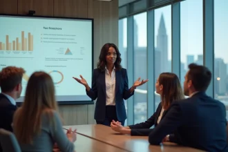 Entrepreneuse présentant son projet à des investisseurs lors d'un événement de pitch startup à San Francisco