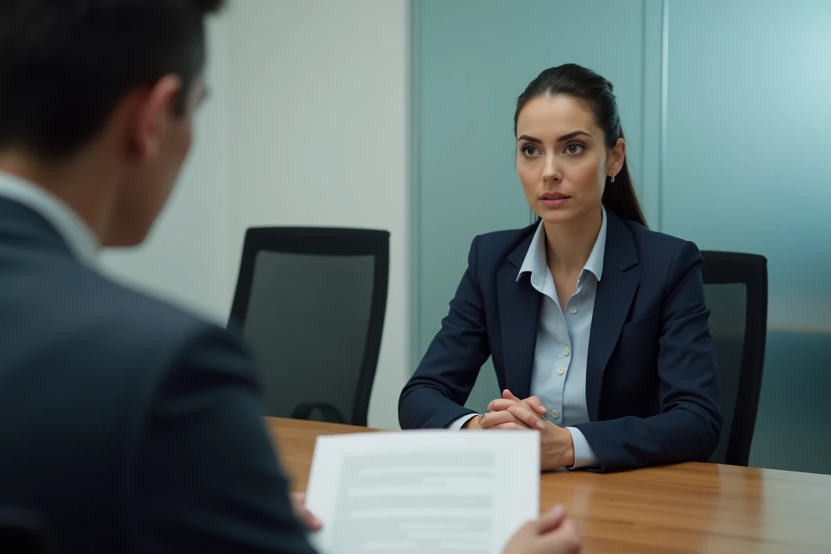 Femme recevant une lettre de licenciement lors d'un entretien RH, représentant les droits au chômage en cas de licenciement