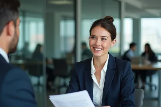 Recruteuse corporate analysant un CV lors d'un entretien dans les bureaux d'un grand cabinet d'audit