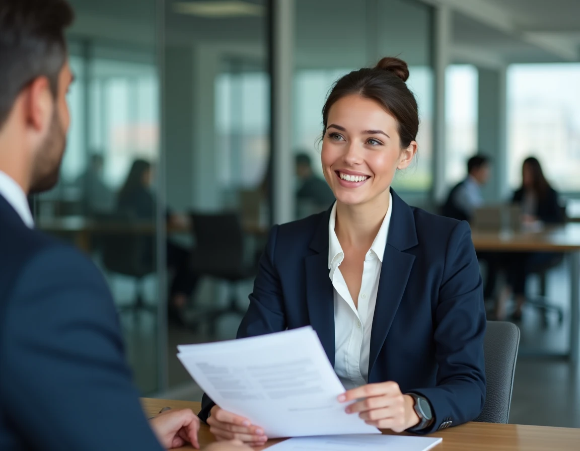 Recruteuse corporate analysant un CV lors d'un entretien dans les bureaux d'un grand cabinet d'audit