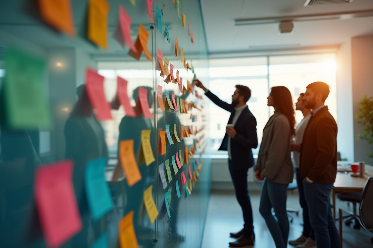 Equipe diverse en brainstorming devant un mur de notes colorées
