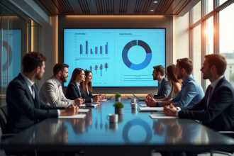 Groupe diversifié en réunion avec écran CRM et graphiques