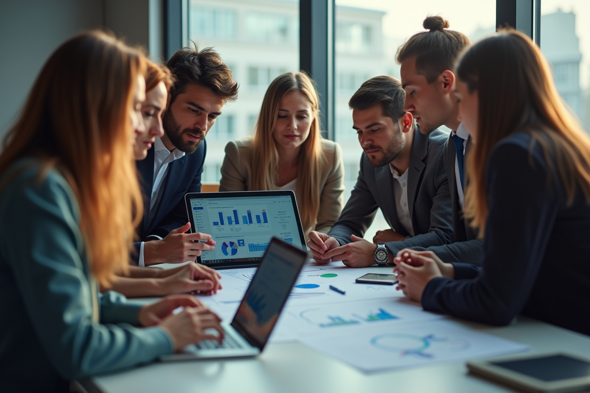 Equipe diverse analysant des données sur une tablette lors d