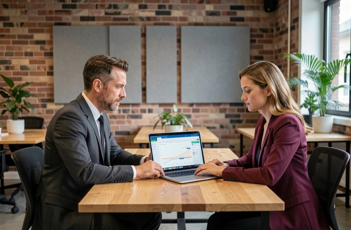 Deux commerciaux collaborant sur un tableau de bord CRM dans un espace de coworking moderne