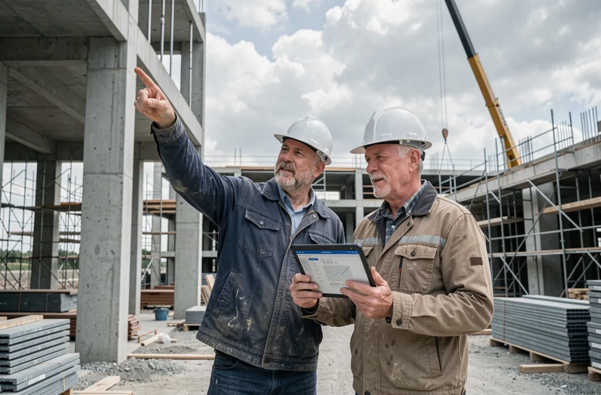 Deux conducteurs de travaux collaborant sur un chantier BTP en consultant une application sur tablette
