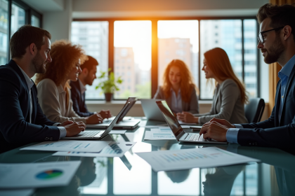 Équipe diversifiée de professionnels en réunion dans un bureau lumineux