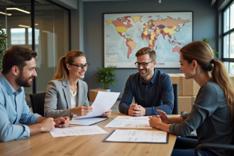 Groupe de quatre professionnels en réunion logistique