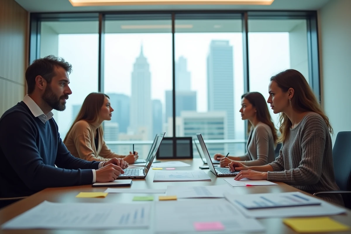 Équipe professionnelle en réunion autour d'outils de gestion collaborative et logiciels d'entreprise