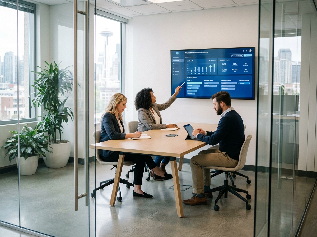 Équipe RH collaborant autour d'une plateforme de recrutement unifiée lors d'une réunion en salle de conférence