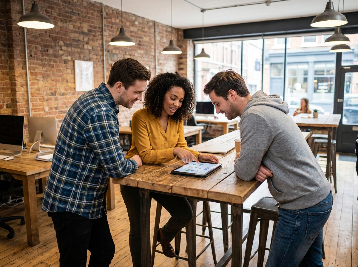 Groupe de collègues en coworking discutant d'une stratégie de parrainage client autour d'une tablette numérique