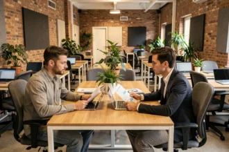 Espace de coworking moderne à Poissy avec bureaux en bois et professionnels au travail