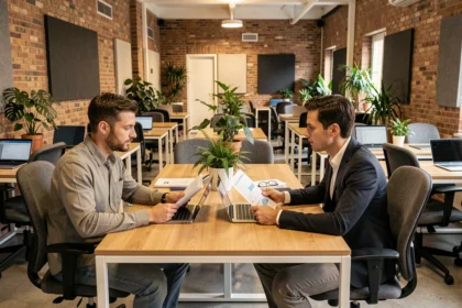 Espace de coworking moderne à Poissy avec bureaux en bois et professionnels au travail