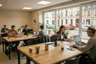 Espace de coworking moderne à Seclin avec bureaux partagés et vue sur la rue