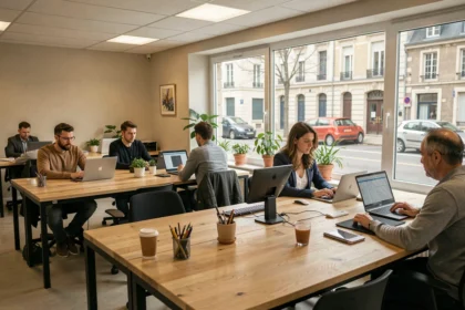 Espace de coworking moderne à Seclin avec bureaux partagés et vue sur la rue
