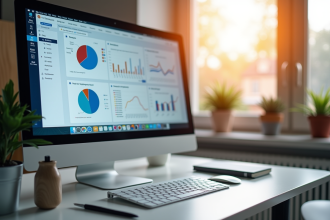 Espace de travail moderne avec écran affichant des graphiques SEO