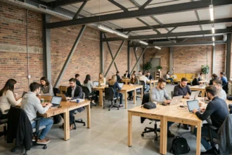 Espace de coworking moderne dans le Pas-de-Calais avec des professionnels au travail