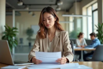 Étudiante stagiaire consultant ses documents de rémunération dans un bureau moderne en 2026