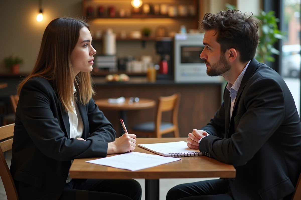 Deux étudiants discutant des conditions de rémunération d'un stage autour d'une convention de stage dans un café
