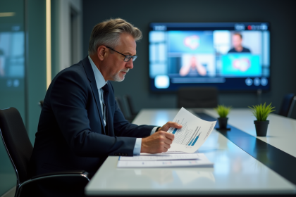 Responsable TV fran&ccedil;ais en r&eacute;union avec graphiques