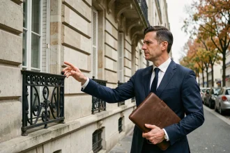 Expert immobilier classique examinant la façade d'un immeuble haussmannien à Paris avec un portfolio en cuir