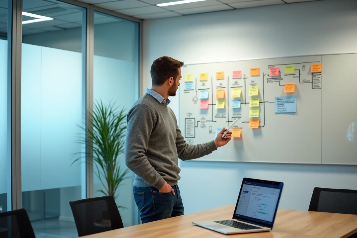 Expert en marketing automation dessinant une carte du parcours client sur un tableau blanc dans une salle de réunion d'agence digitale