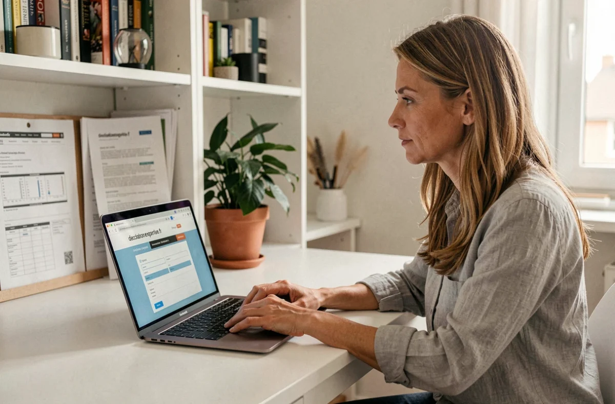 Femme utilisant un service d'expertise immobilière en ligne sur ordinateur portable depuis son bureau à domicile