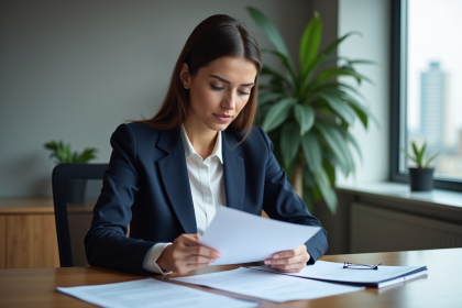 Femme en costume navy examinant des documents d'assurance