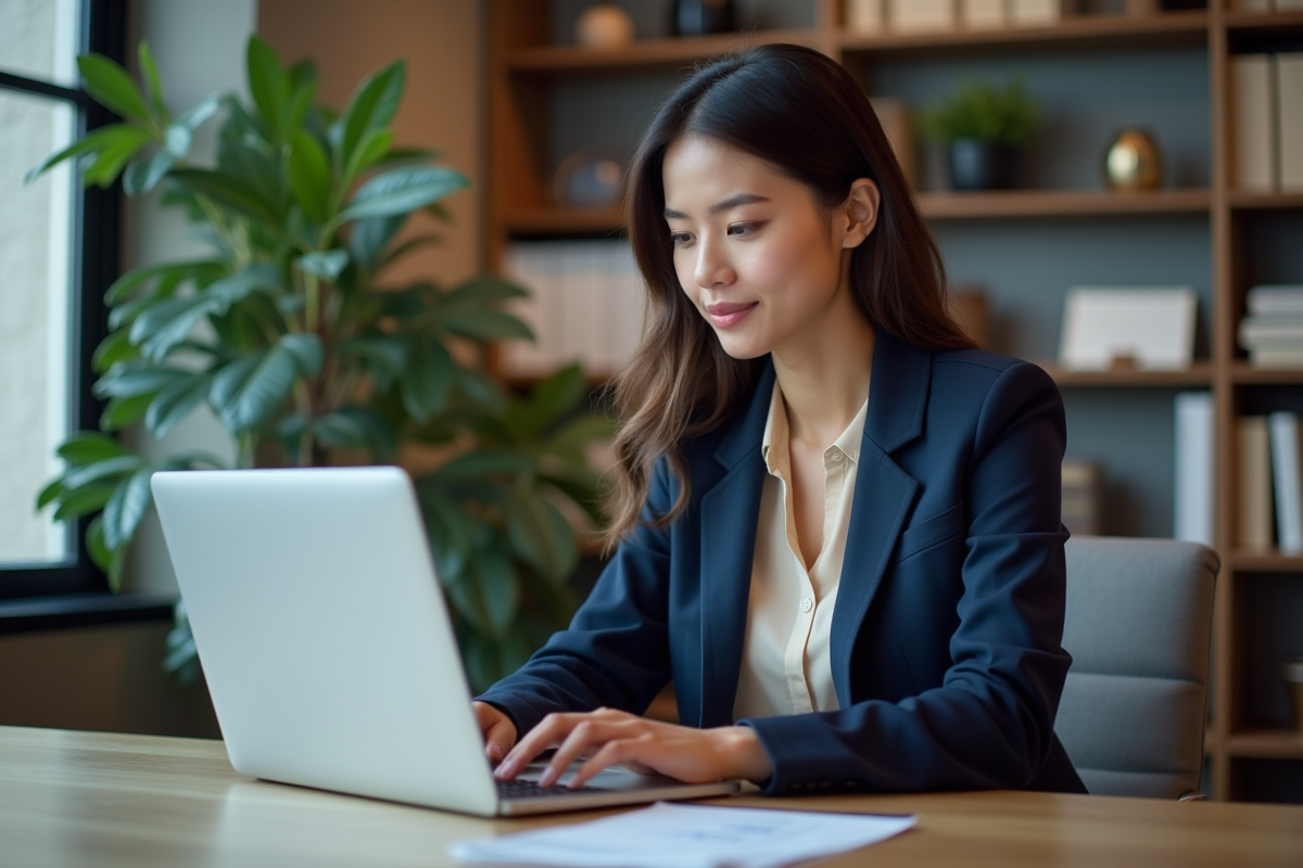 Femme d'affaires en réunion d'email marketing