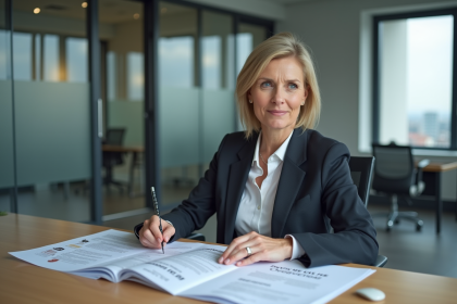 Femme d'affaires examinant des documents PIPEDA dans un bureau moderne