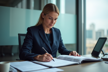 Femme d'affaires en costume bleu examinant des documents