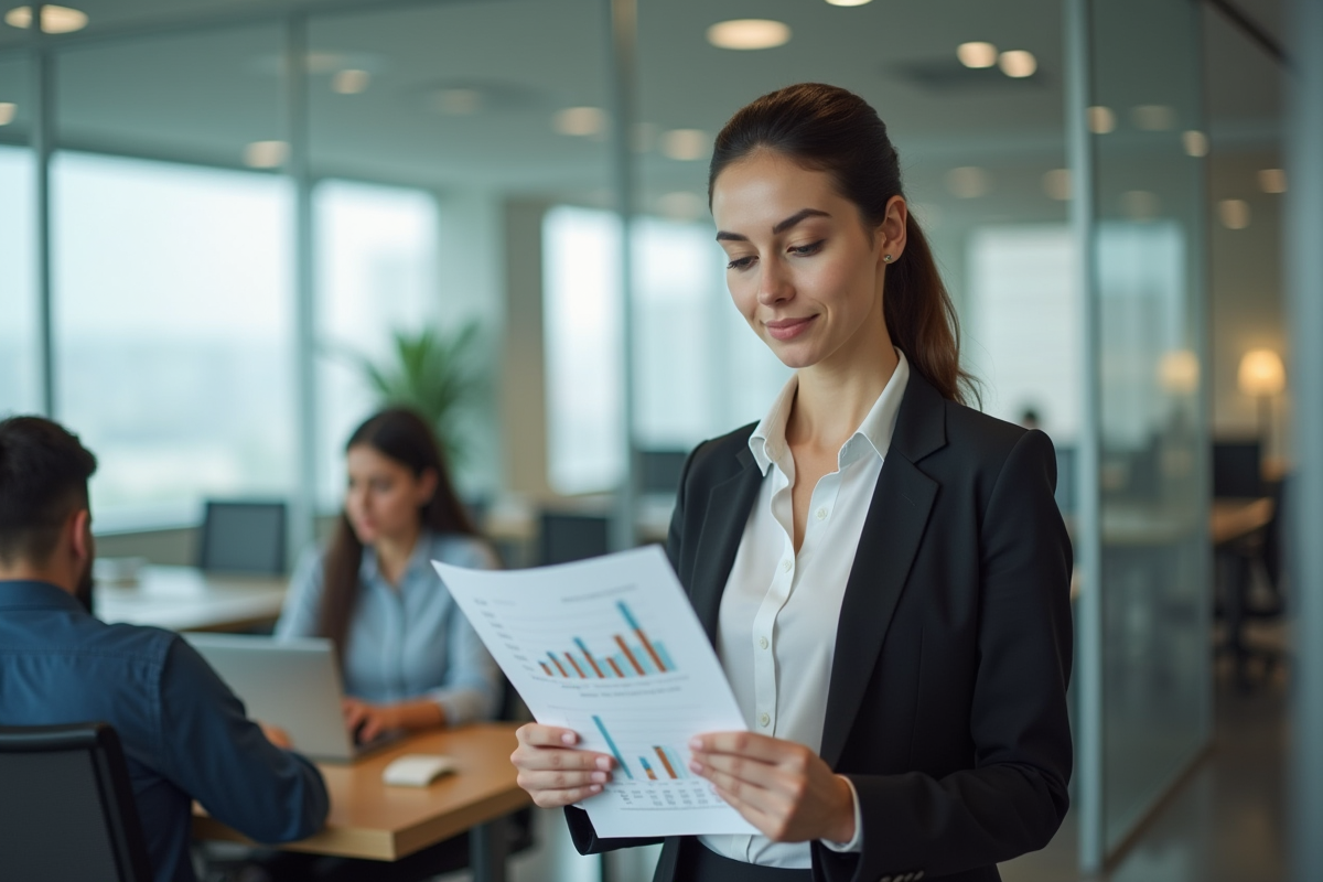 Femme d affaires analysant un rapport dans un bureau moderne