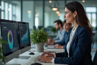 Femme professionnelle analysant un logiciel de gestion d'équipe sur ordinateur dans un bureau moderne