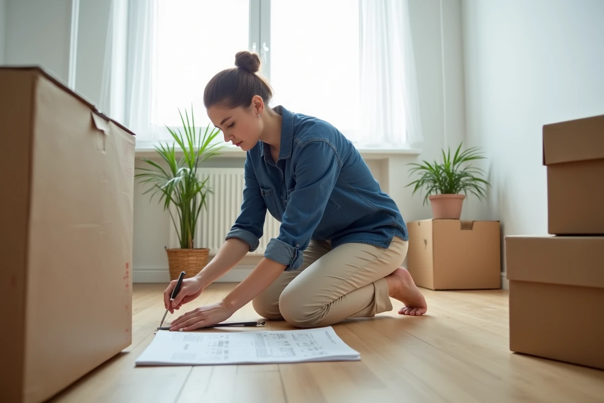 Femme bricolatrice débutante assemblant un meuble en kit sur le parquet d'un appartement moderne