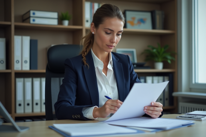 Femme professionnelle en bureau examinant une circulaire interne