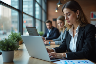 Femme d affaires concentrée sur son ordinateur dans un espace de coworking