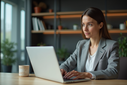 Femme d affaires utilisant un logiciel CRM au bureau