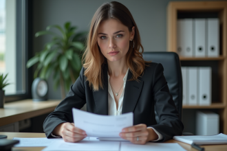 Femme d affaires examinant des documents dans un bureau moderne