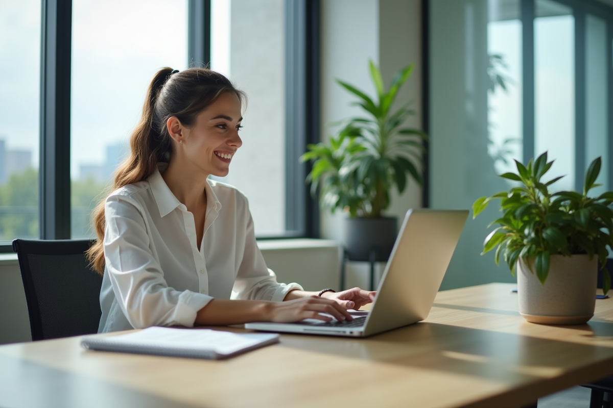 Femme souriante au bureau consulte un rapport Facebook