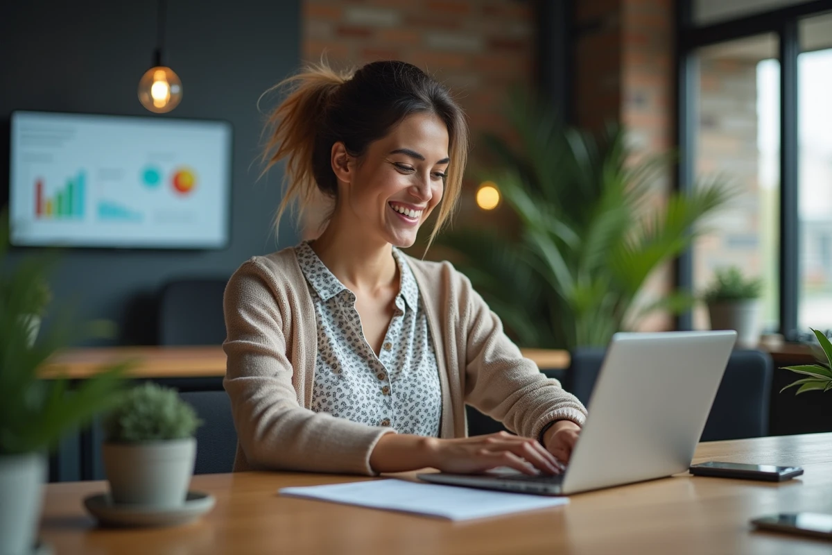 Femme au bureau utilisant son ordinateur portable et son t&eacute;l&eacute;phone