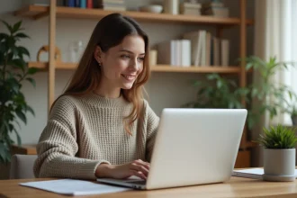 Jeune femme au bureau tapant sur son ordinateur portable