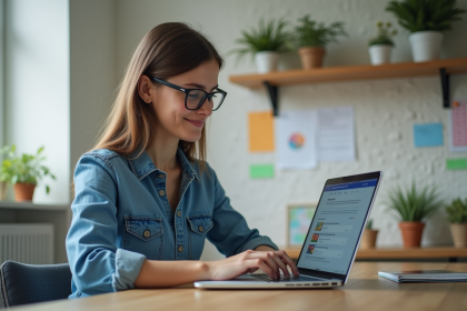 Jeune femme au bureau travaillant sur un laptop avec ambiance cr&eacute;ative