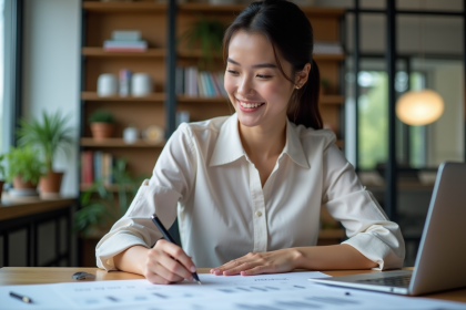 Femme en bureau organisant un projet avec satisfaction