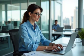 Femme professionnelle au bureau analysant des données