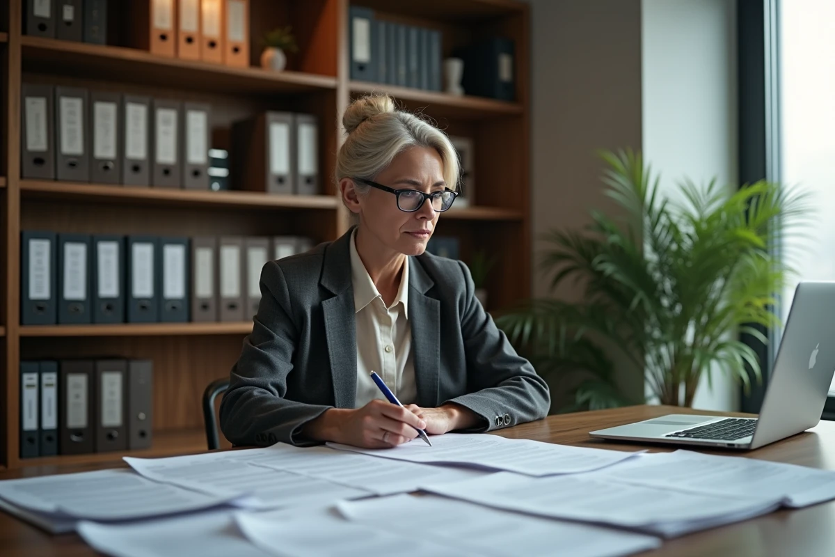 Femme cadre relisant attentivement des documents juridiques avant de signer un contrat de réembauche après licenciement