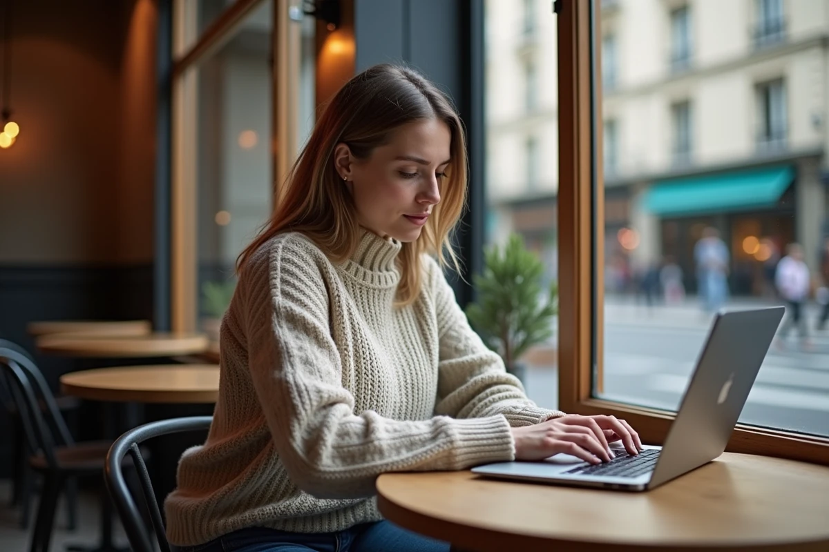 Jeune femme au café lisant sur son ordinateur