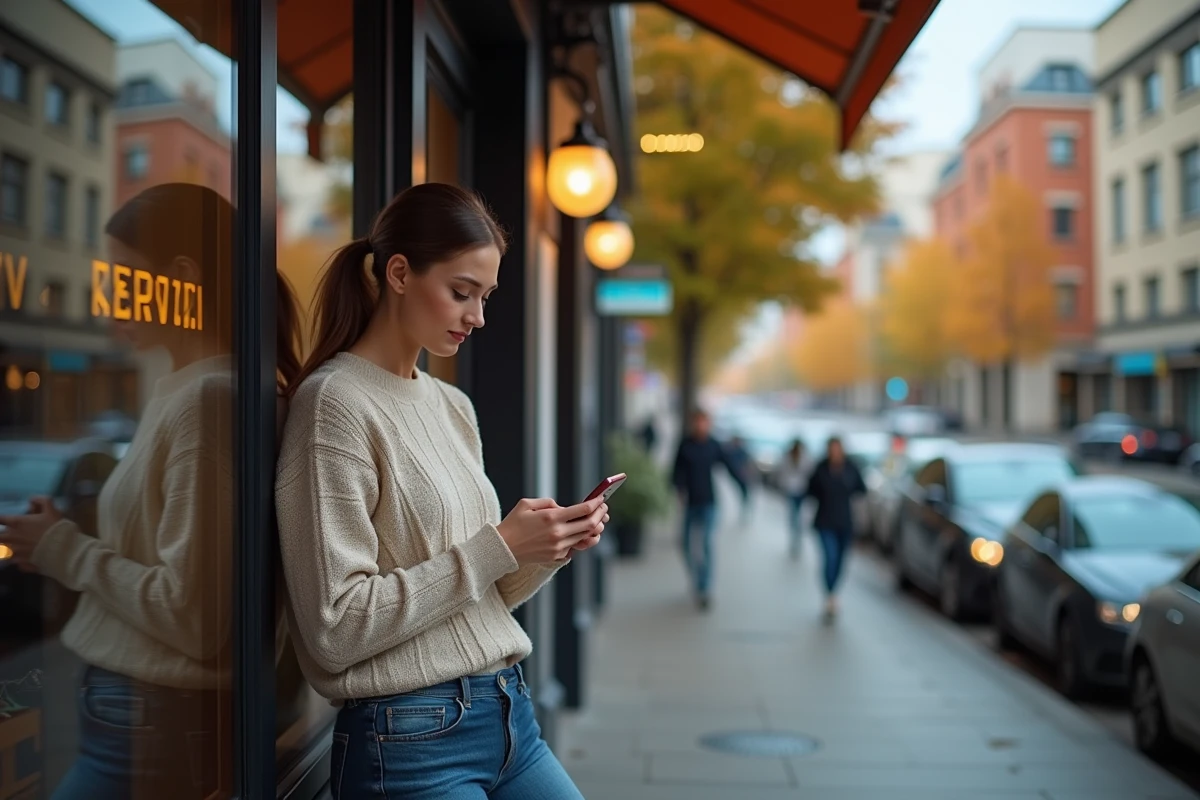 Jeune femme dans un caf&eacute; en ville regardant son smartphone