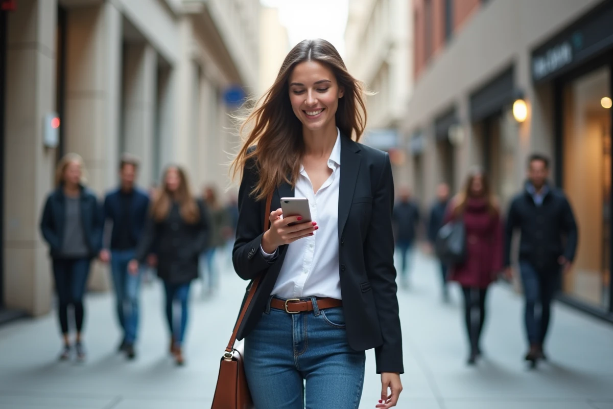 Jeune femme urbaine marche avec smartphone dans la ville